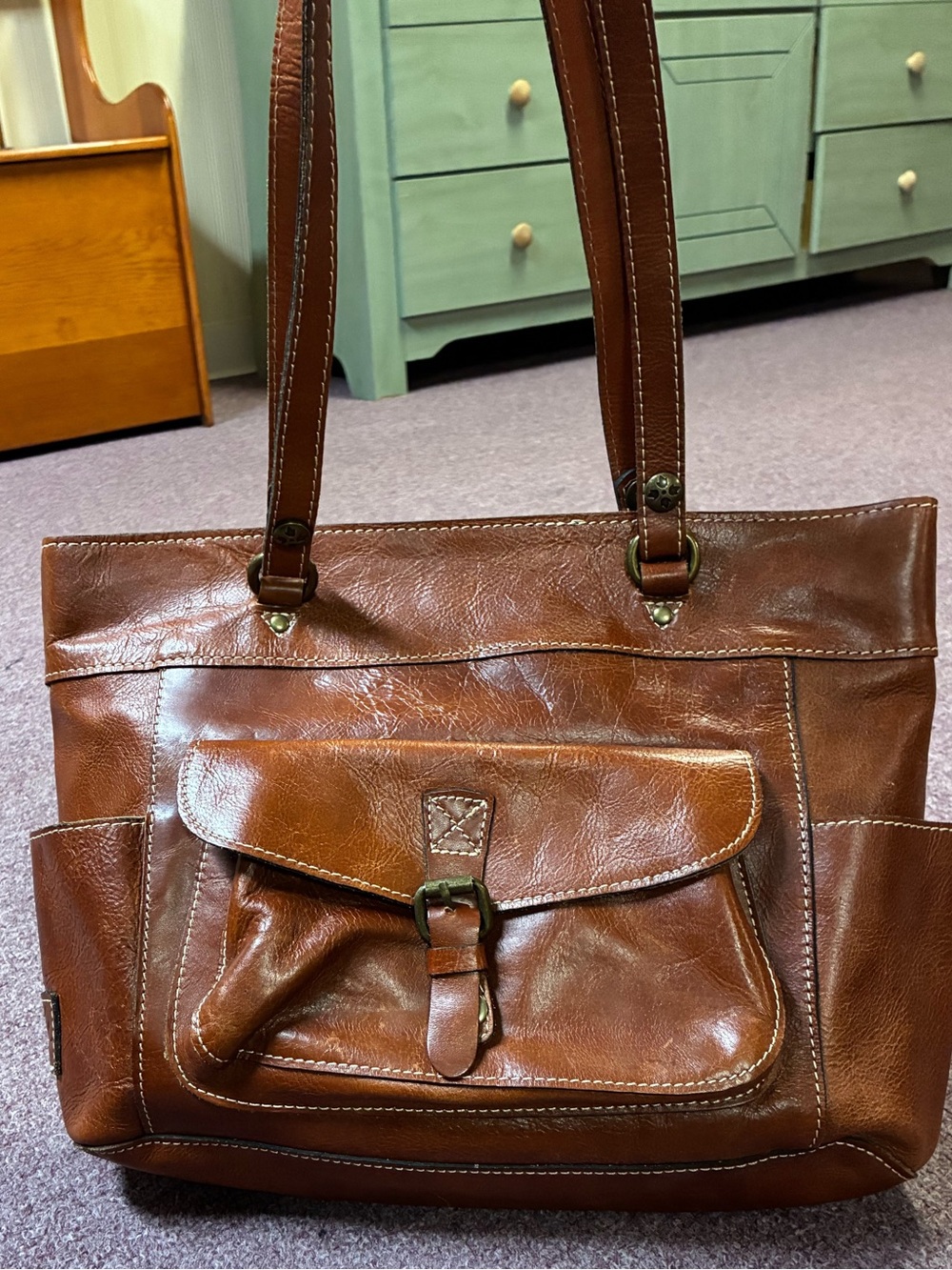 Patricia Nash Brown Leather Shoulder Bag with Front Buckle Pocket